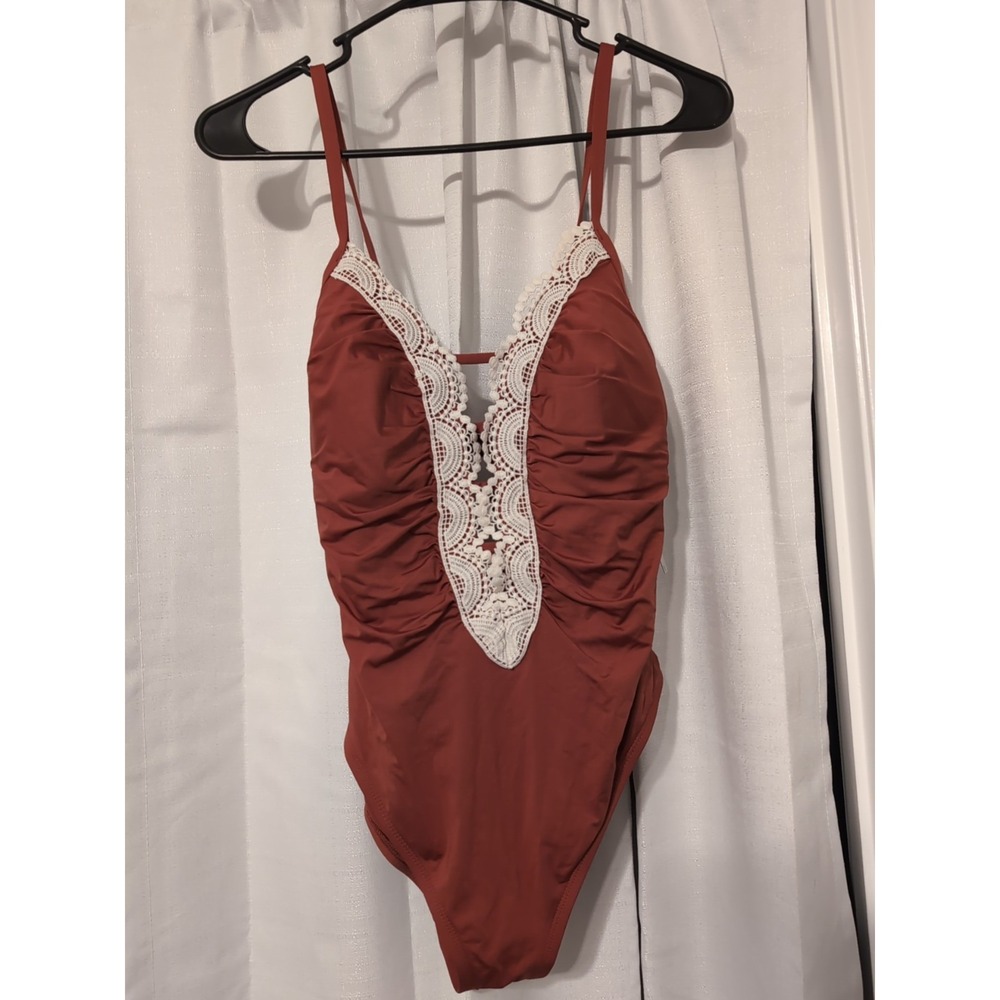 NWT Time and True One Piece Embroidered Front High Leg Low Tie Back Sz. M (8-10)